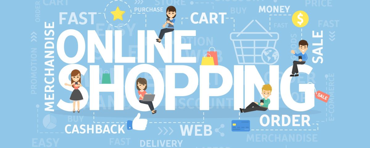 Online shopping concept. Online shopping concept illustration with words and people.